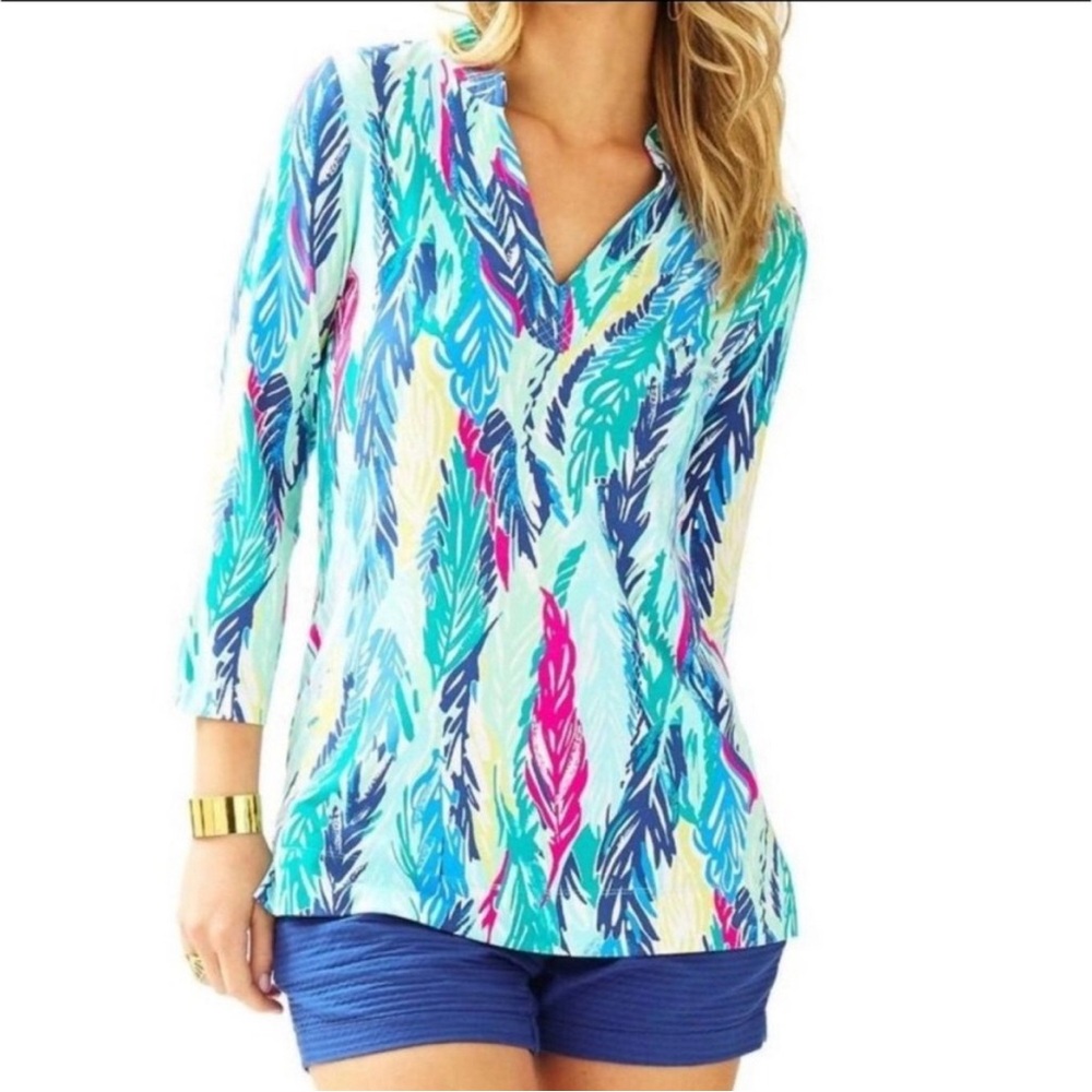 Lilly Pulitzer Vero Tunic Top In Multi Light as a Feather Medium Shirt VNeck